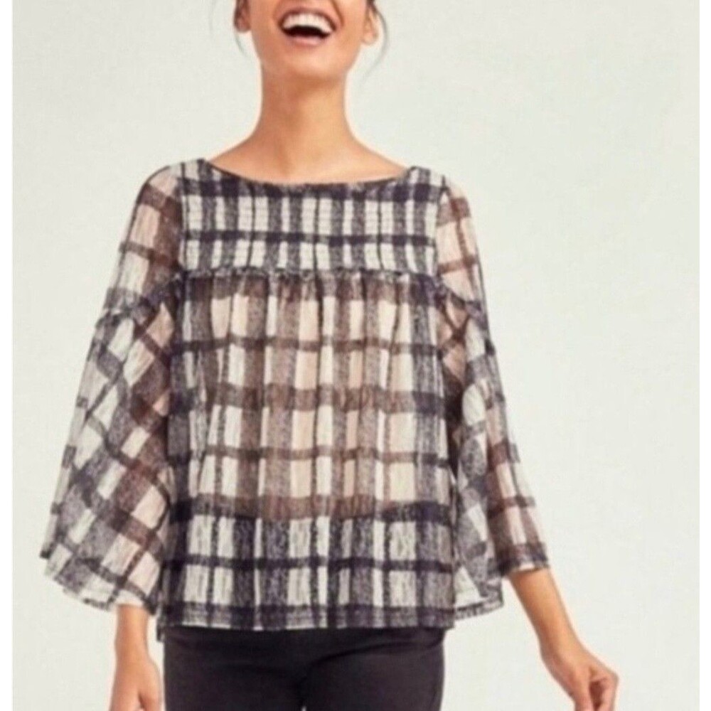 Anthropologie Akemi + Kin Patrizia Lace Plaid Blouse Flare Sleeves Size Medium